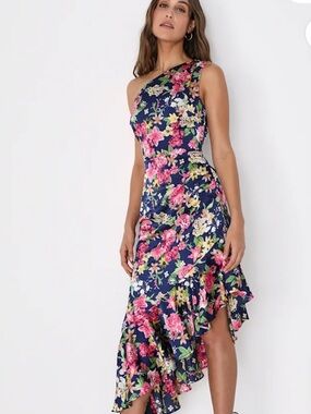 Lulu's Navy Floral One-Shoulder Asymmetrical Ruffle Dress